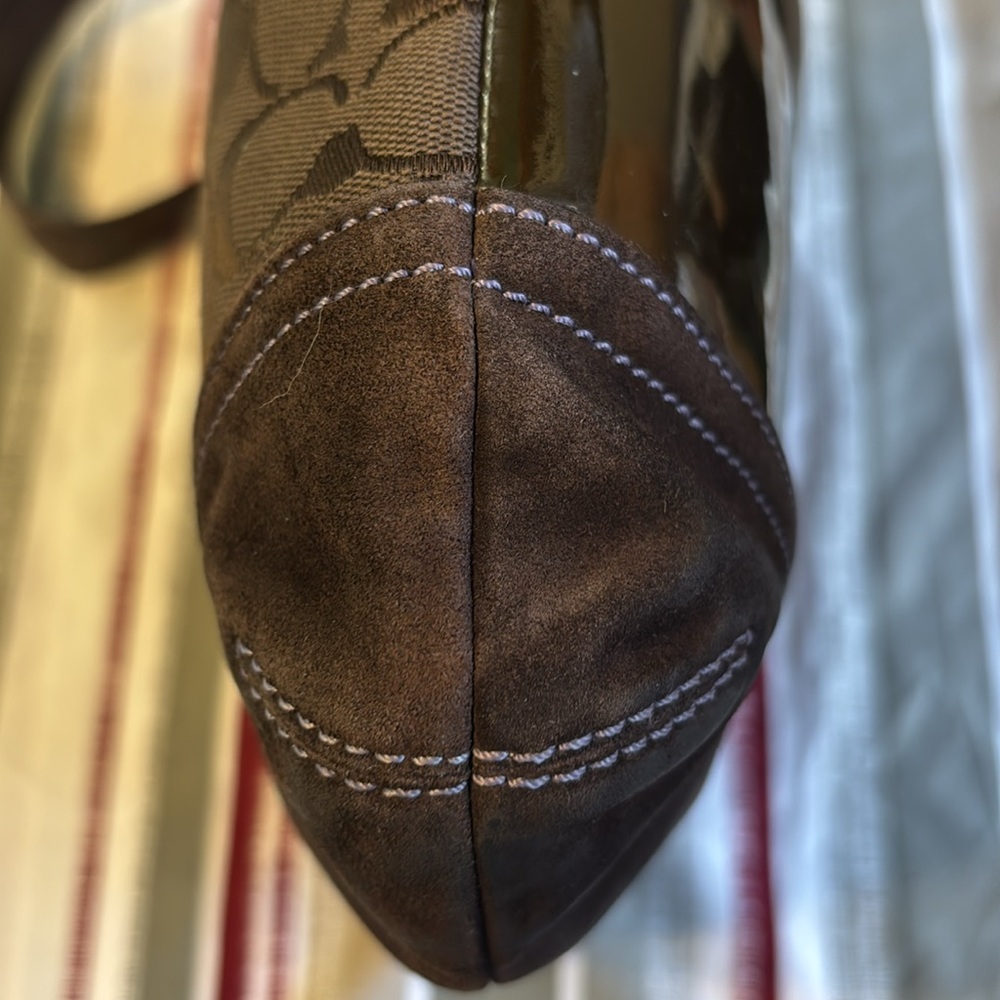 COACH Leather Suede Patchwork Brown Duffel Crossbody Bag - Picture 8 of 16